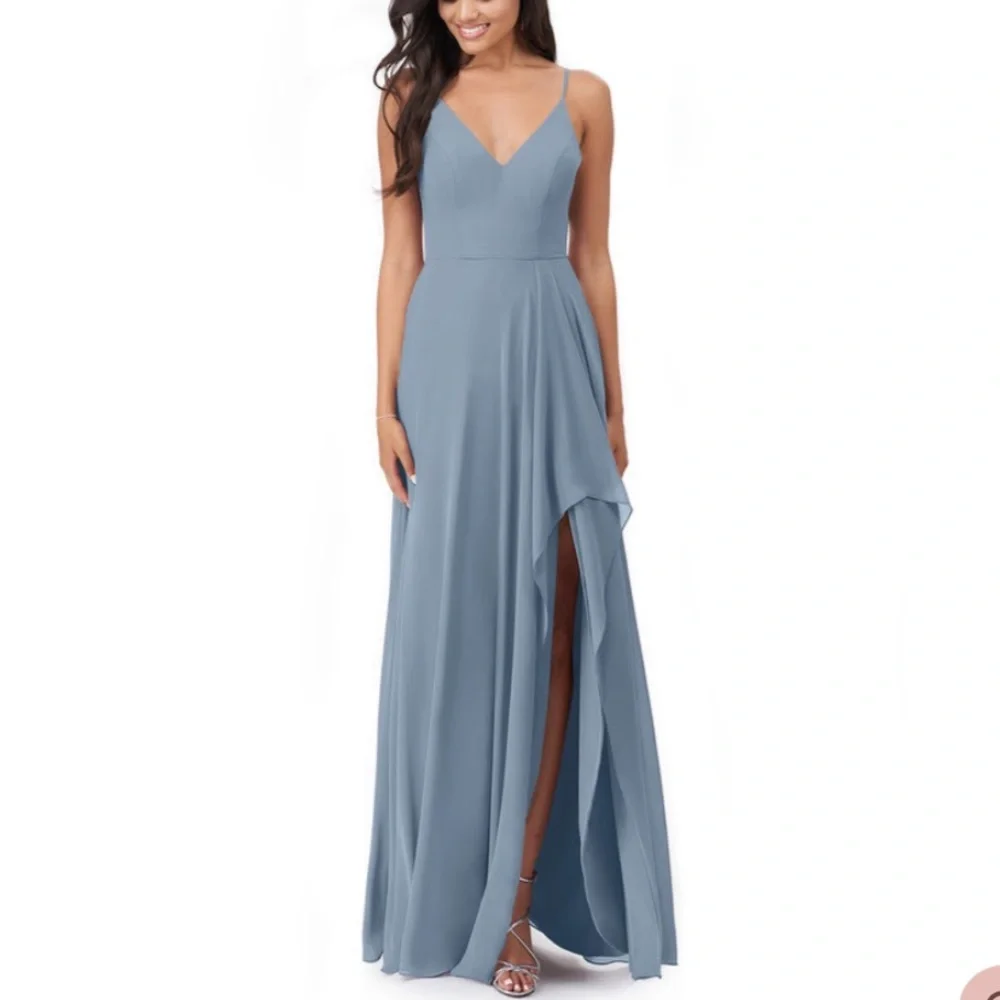 Azazie Dusty Blue Collette Bridesmaids Dress A4 size 4 Worn Once - Picture 1 of 7